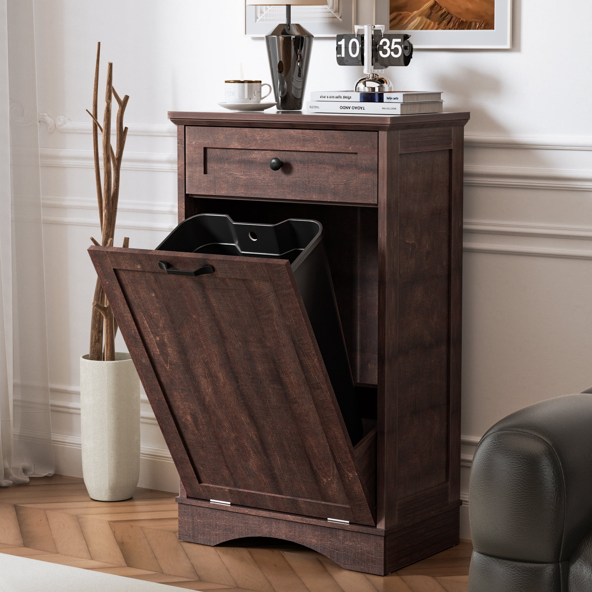 AHB 13 Gallon Tilt Out Kitchen Trash Cabinet with Drawer, Single Trash Can Storage Organizer, 20.9"L x 13.55"W x 38.5"H , Brown