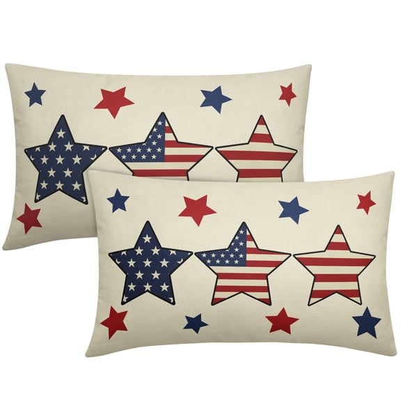 ABSOP 4th of July Patriotic Pillow Covers 12x20 Inch Set of 2 Memorial Day USA Flag Blue Red Pillow Cases Outdoor Linen Lumbar Cushion Cover for Sofa Couch Bed