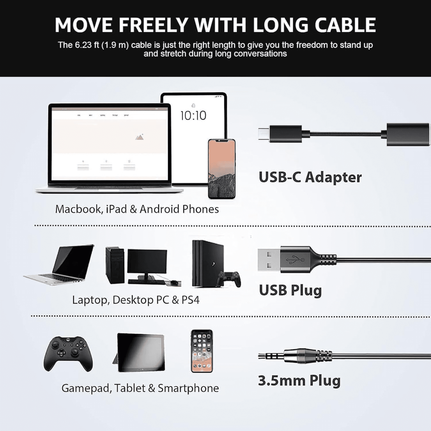 Wantek Wired USB Headset with Microphone for PC,Laptop,3.5mm/USB/Type-C Jack 3-in-1 Computer Headset with Noise Cancelling & Audio Controls,USB Headphones for Call Center,Work,Office,Mono