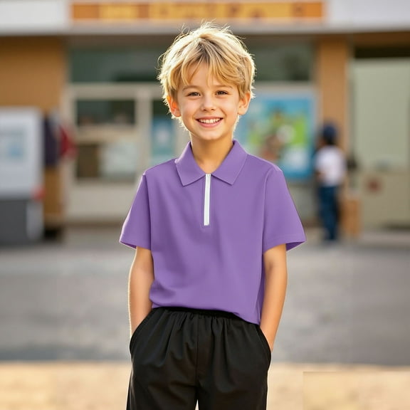 Polo Shirt Boys Short Sleeve Kids Purple Zipper Shirt School Uniform Shirts Boys Collared Shirts Kids 9-10 Years Shirts