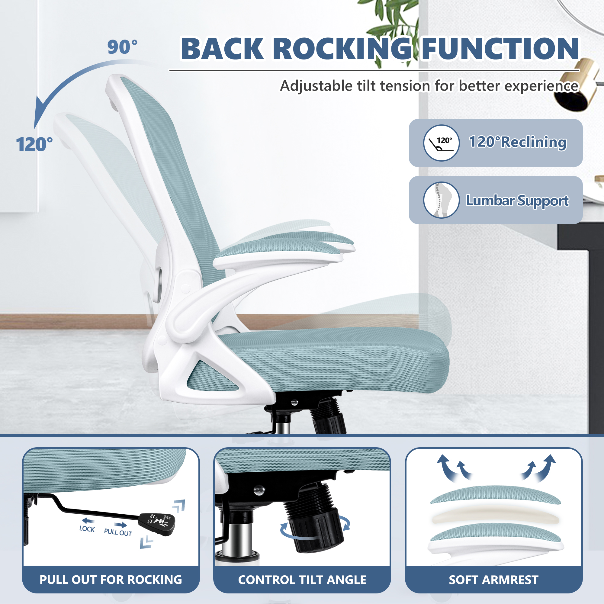 ATHOPE Office Chair, Ergonomic Desk Chair with Flip Up Armrests, Height Adjustable Computer Chair with Lumbar Support, Light Blue