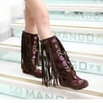 thumbnail image 4 of Fesfesfes Tall Boots For Teen Girls Plus Size Fall Winter Ethnic Style Retro Tassel Inner Sloping Heel Flat High Warm Plush Boots US:6.5(38), 4 of 6