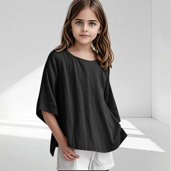 snilers Girls Cotton Linen Shirts Kids Summer Oversized Crewneck 3/4 Sleeve T-Shirts Basic Tees Loose Casual Beach Tops 3-15 Years