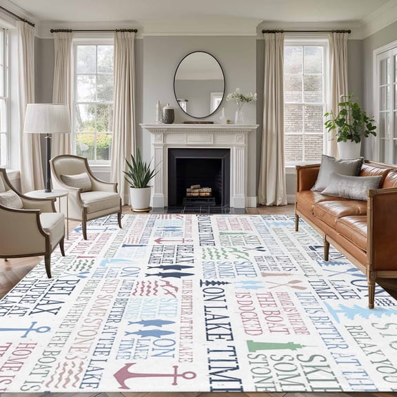 Ocean Nautical Area Rugs 6'x9', Washable Small Throw Rugs for Kitchen Dining room, Rustic Anchors Fish Oars Lighthouses Indoor Outdoor Rug Non-Slip Low Pile Carpet Runner Reversible Floor Mats