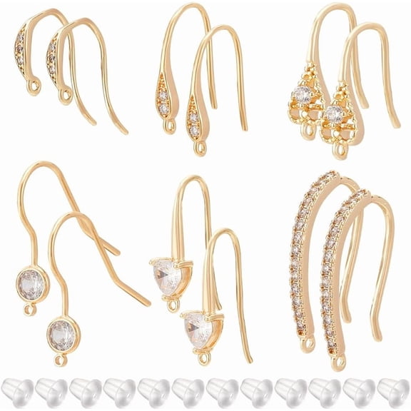 12Pcs 6 Styles 18k Real Golden Plated Rhinestone Earring Hooks Cubic Zirconia French Hook with Loop