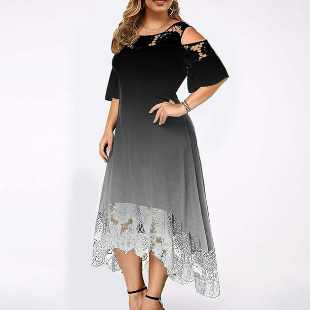 Christmas Savings Clearance! EINCcm Plus Size for Women, Casual O Neck Cold Shoulder Short Sleeve Lace Gradient Color Dress Swing Maxi Women's Dresses Sundresses Summer Dress - Walmart.com