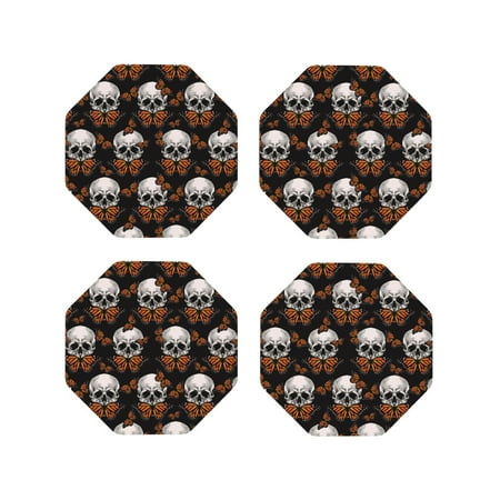 

Naloa Butterfly Skull Leather Coasters for Drinks Durable Drink Coasters 4 Set for Tabletop Protection Luxurious Home Décor and Housewarming Gift ( {designName})Octagon