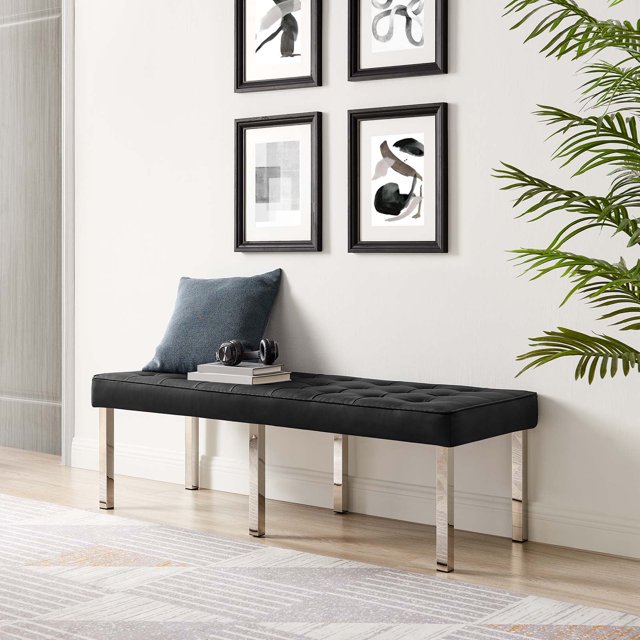 Modway Banc en Similicuir Capitonné Style Loft, Argent Noir
