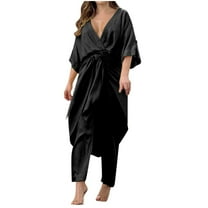 BYHONG Womens Pant Suits Summer Solid Color Lace Up V Neck top Elegance Fashion Casual Trousers Suit Pants for Women Black L