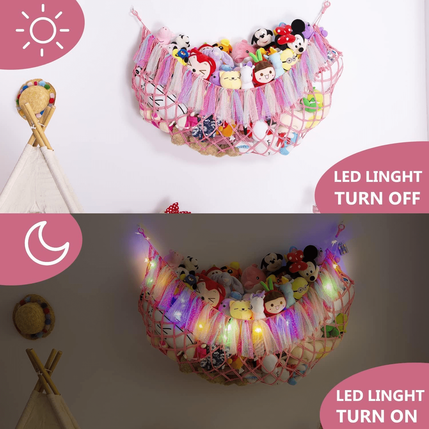Large Stuffed Animal Hammock with Light Wall Mounted- Squishmallow Hammock Plushies Net Stuff Toy Organizer Boho Macrame Toy Hammock Corner Hanging Net for Nursery Storage Bedroom Playroom Decor-Pink