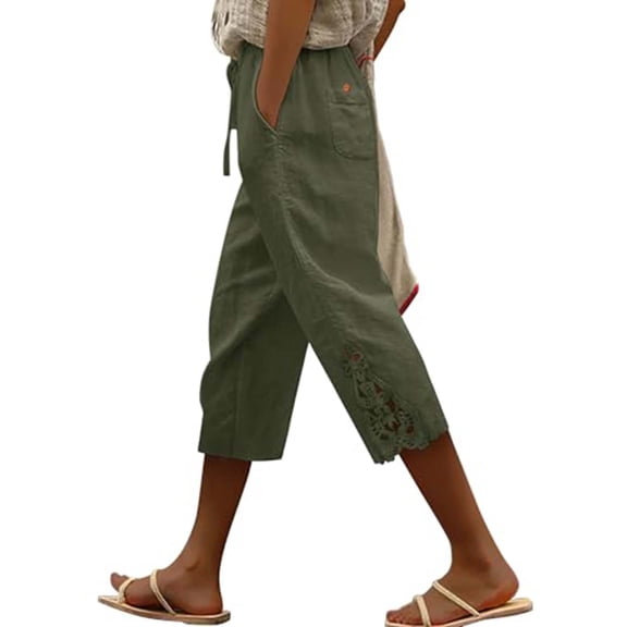 Capri Linen Pants Women Straight Leg Casual Loose Side Lace Boho Pants Elastic Waist Beach Pant Gauze Crop Trousers