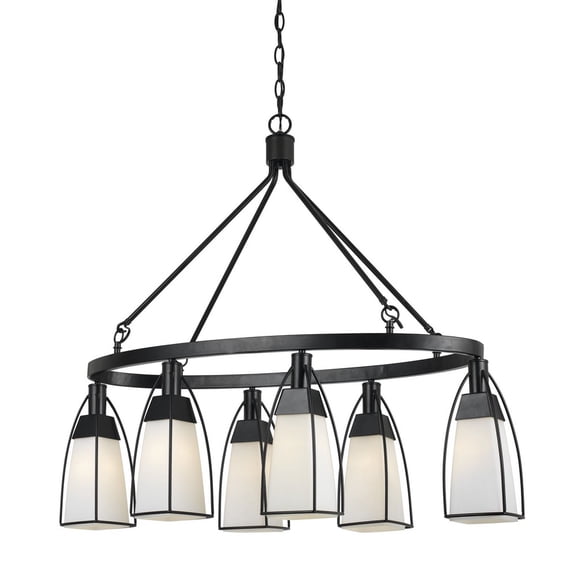 32.75 Inch Metal and Glass Chandelier in Black Finish-Color:Black,Finish:Black,Material:Glass,Shape:Square,Wattage:60WX6