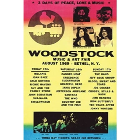 Seattle Concert Poster - Woodstock Line-Up 1969 36x24 Art Print Poster - 3 Days of Peace love and Music Concert Poster