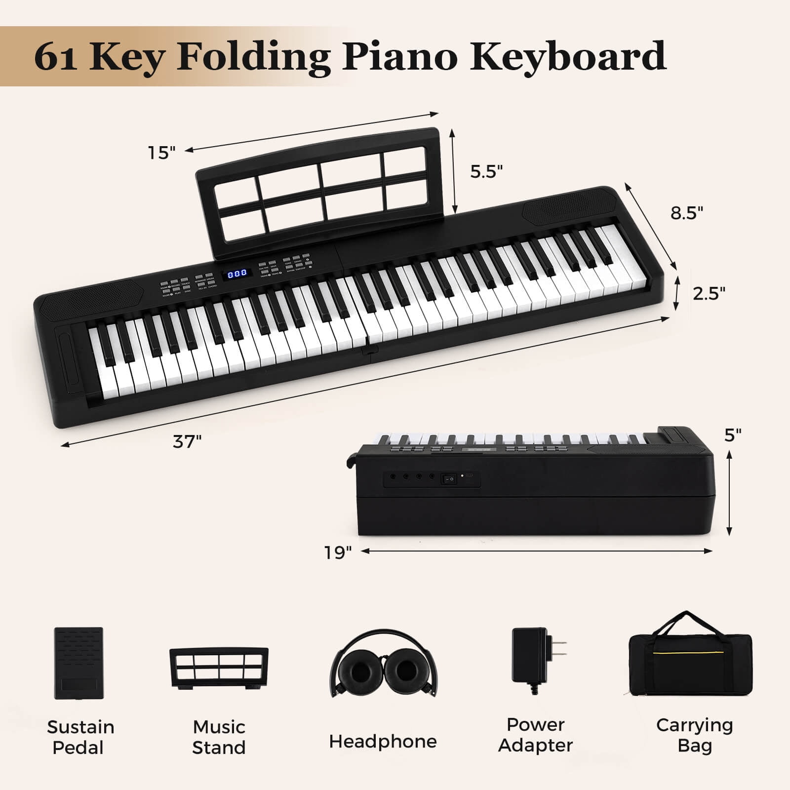 Infans 61-Key Foldable Piano Keyboard w/MIDI Split Function Headphone Sustain Pedal