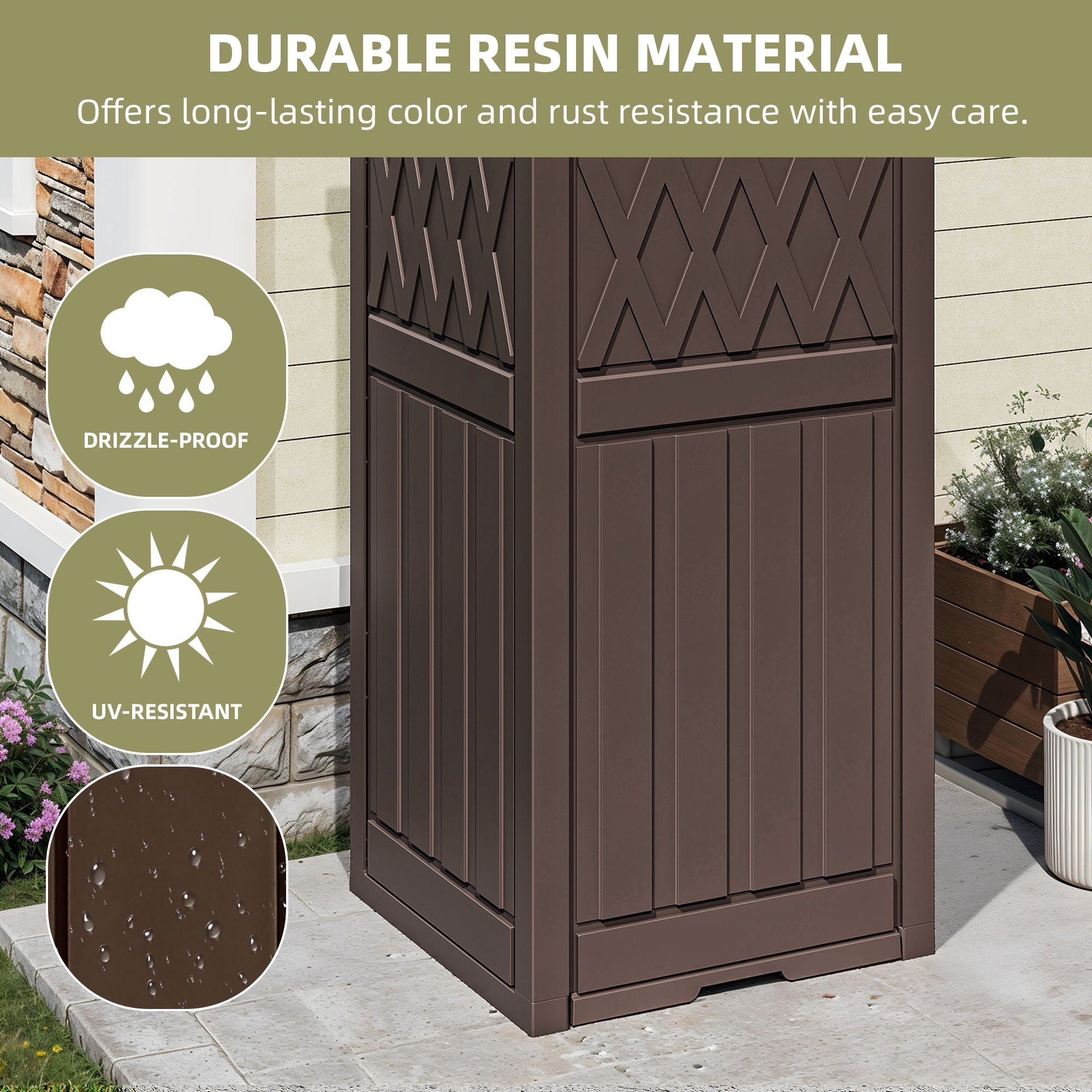 Uforic 32 Gallon Large Outdoor Trash Bin, Waterproof Garbage Can with Lid and Drip Tray for Porch, Backyard, Patio, Dark Brown