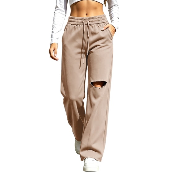 Women's Wide Leg Sweatpants Drawstring Distressed Hole Design Straight Style Side Pockets Loose Streetwear Casual Athletic Trousers, Sweatpants Y2K Khaki XXL