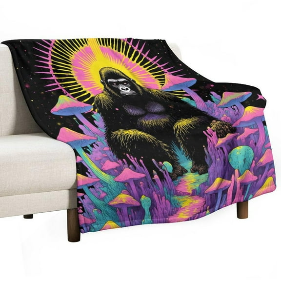 Hallucinatory Mushroom Chimpanzee Print Flannel Blanket Novelty Pattern Nap Blanket Sofa Room Office Soft Throw Blanket Outdoor Camping Warm Blanket