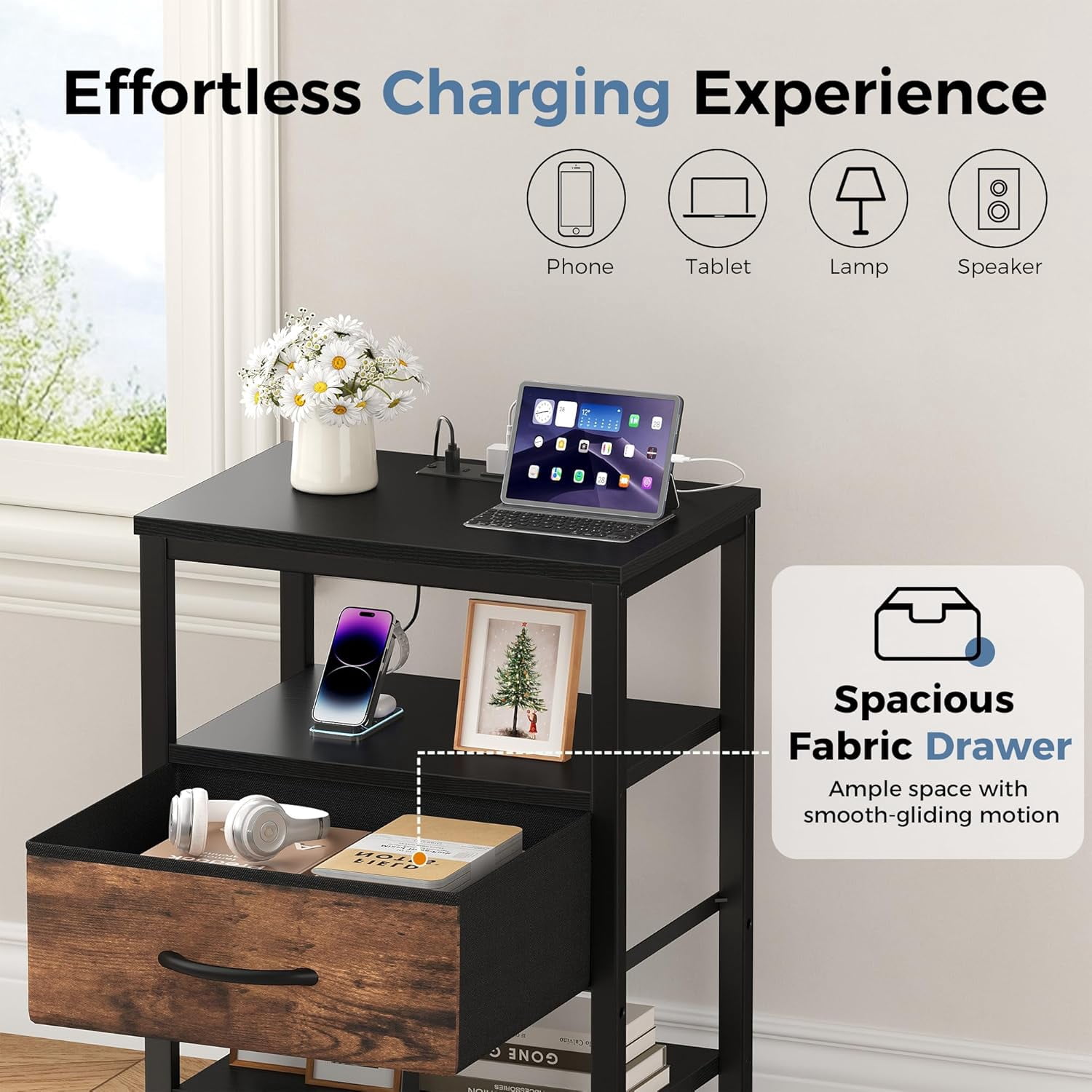 JIOABL 1 Drawer Nightstand with USB & Type-C Charging, Fabric Drawers, Metal Frame, Black and Rustic Brown