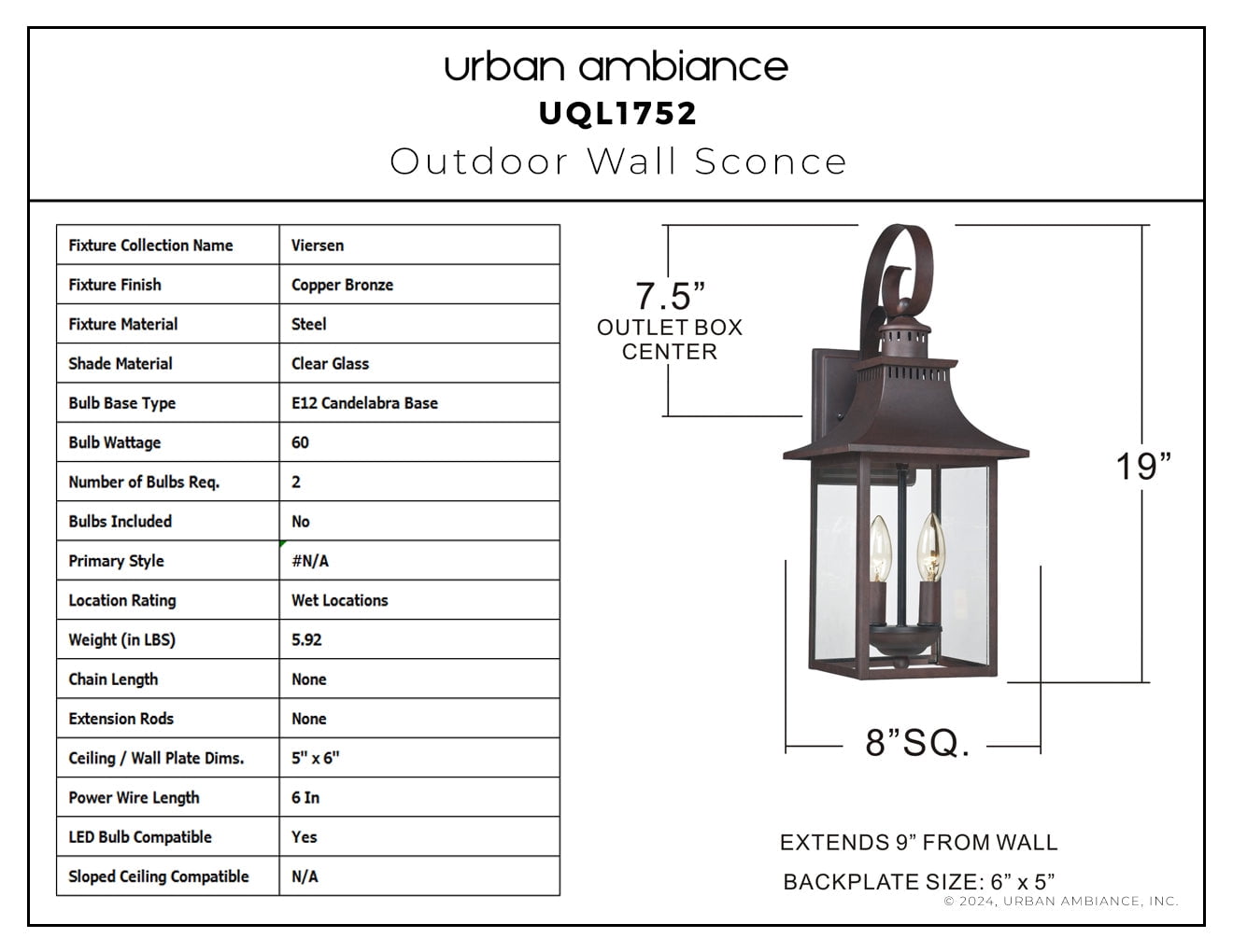 Luxury English Country Wall Sconce, Large Size: 19.00''H x 8.00''W, with Old World Style Elements, Copper Bronze Finish, UQL1752 from the Viersen Collection by Urban Ambiance