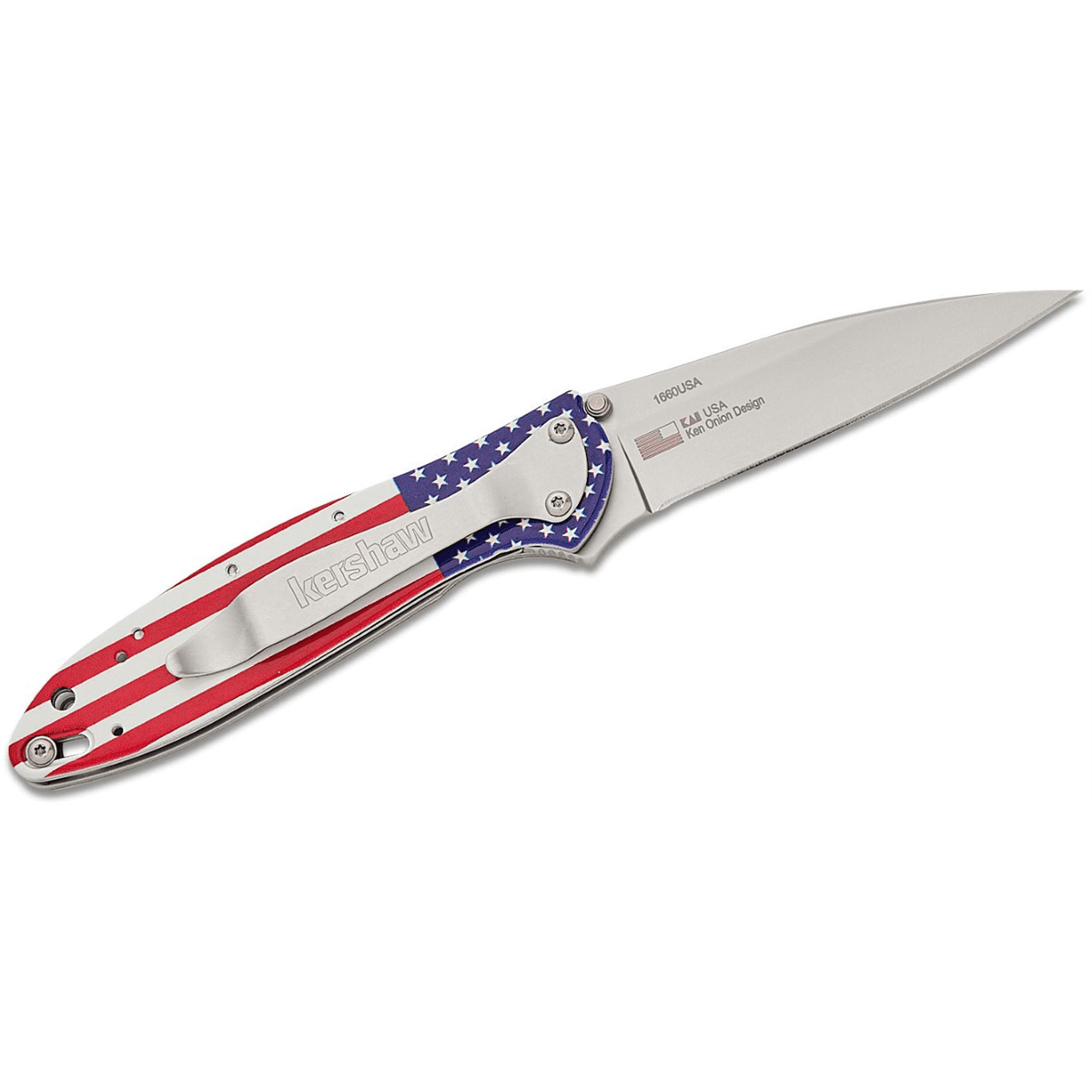 Kershaw Leek Assisted Open Liner Lock Drop Point Blade EDC Folding Pocket Knife - USA Flag/Silver