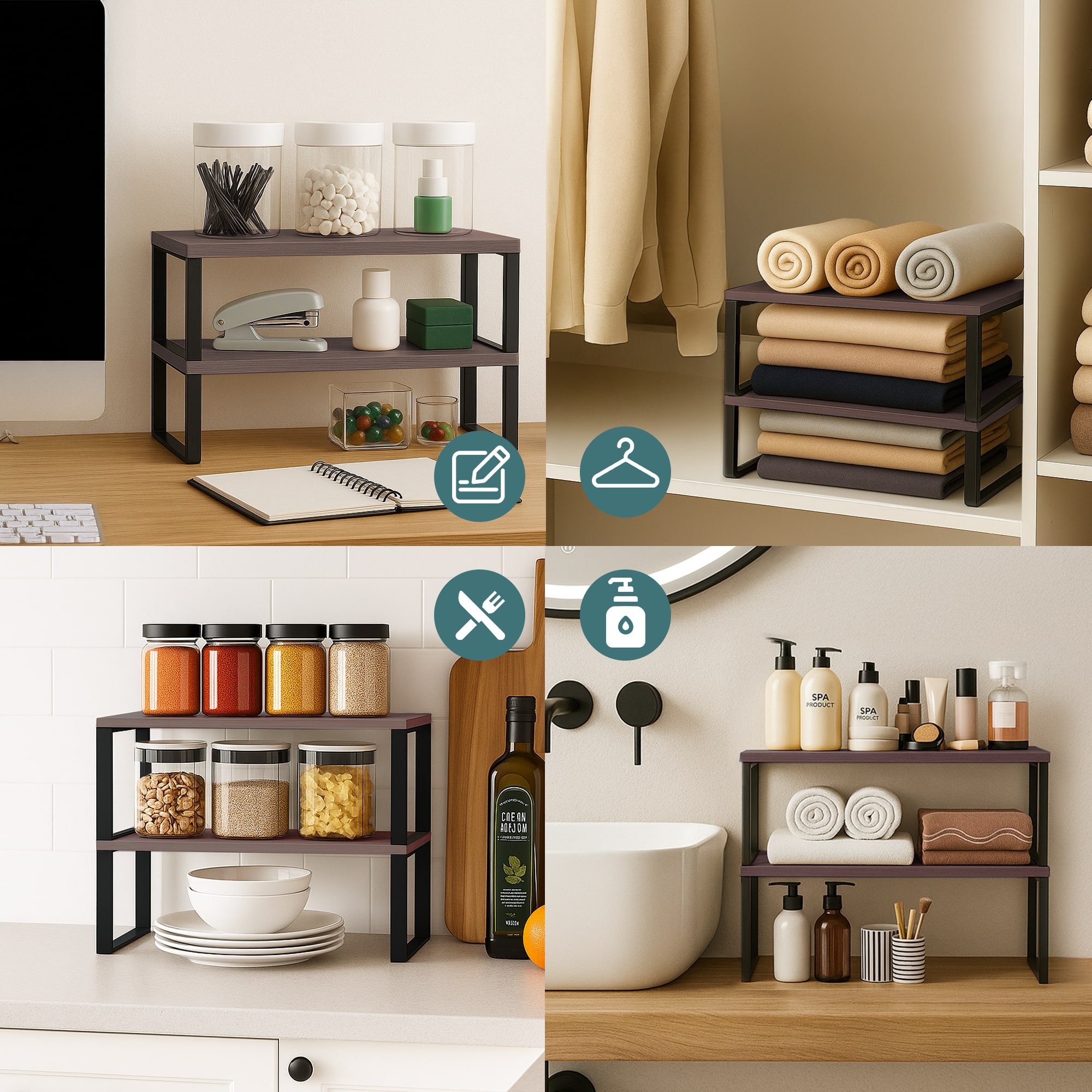Sben Kitchen Cabinet Organizer Shelf Set of 2, Stackable Expandable Counter Shelves, Spice Rack, Bamboo Metal, Brown, Kitchen Pantry Storage