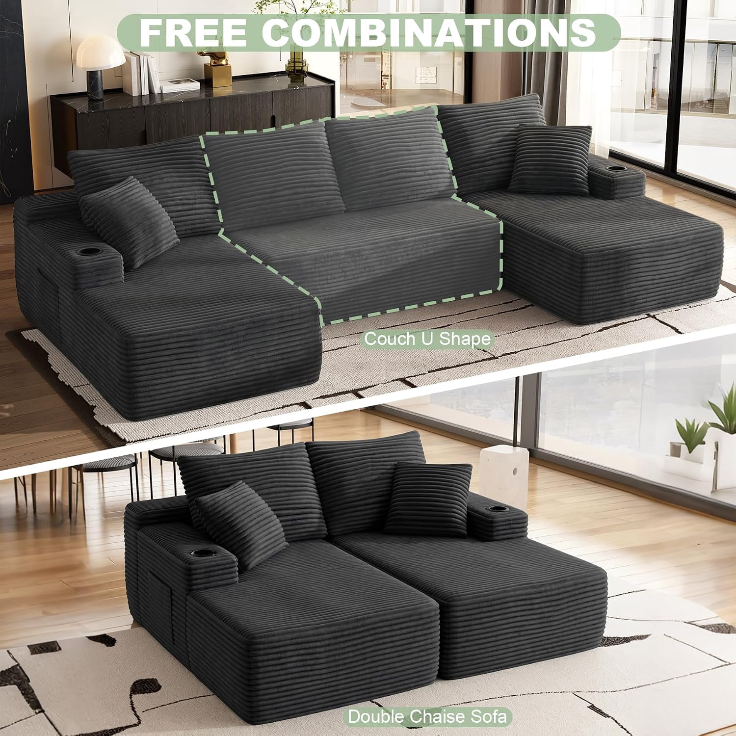 134" Compressible U Shaped Modular Sectional Sofa Set, Minimalist Corduroy Cloud Couch for Living Room, No Assembly Required