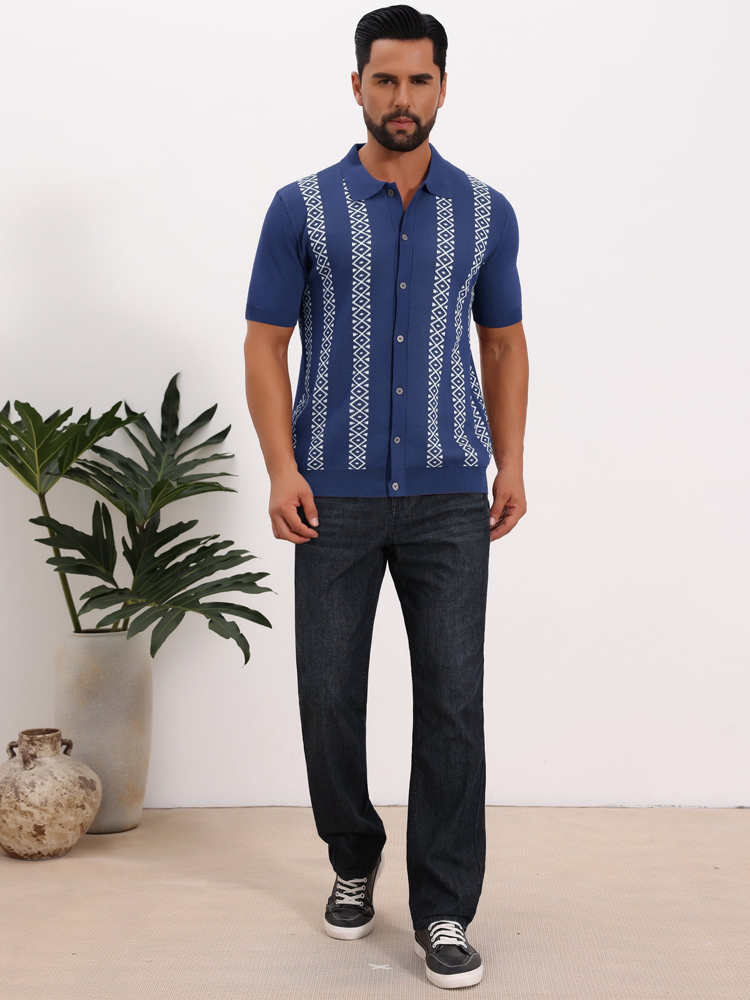 DARING DIVA Men's Jacquard Short Sleeve Button Down Knitted Golf Polo Shirts L Navy Blue