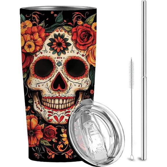 Sugar Skull Rose 20 oz Tumbler, Insulated Stainless Steel, Day of the Dead Halloween Travel Mug, Sugar Skull Gifts for Women & Men, Spooky Witchy Hot & Cold Drink Cup for Christmas & Birthday