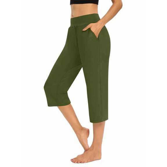 JoveMarine Women's Athletic Capris - Drawstring Elastic High Waist Solid Color Casual Sporty Pants, Stretchy 3/4 Length for Gym Running,Army Green L