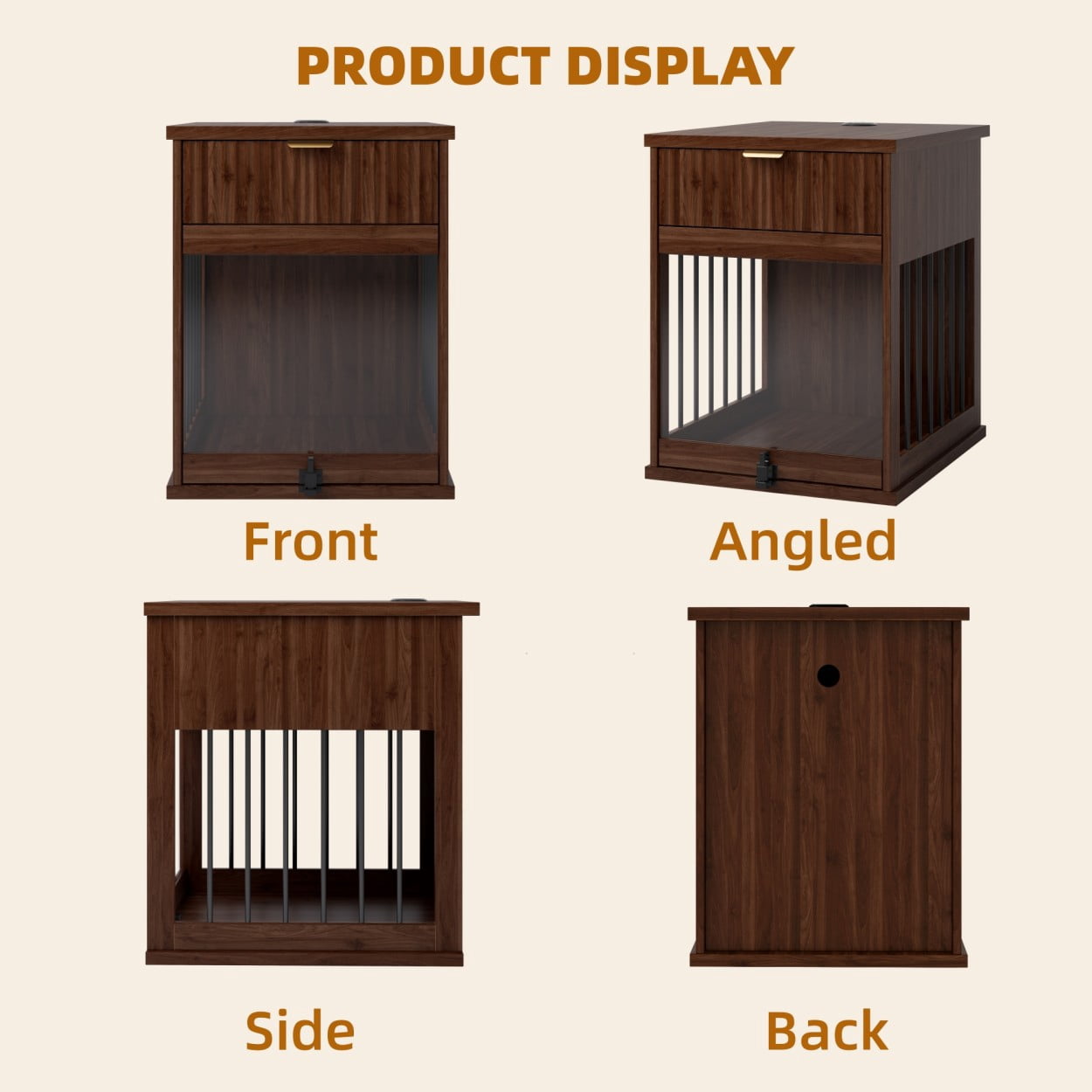 Dog Crate Furniture End Table with Charging Station, Wooden Kennel with Hideaway Tempered Glass Door, Storage Drawer, Indoor Pet House for Small & Medium Dogs, Antique Brown