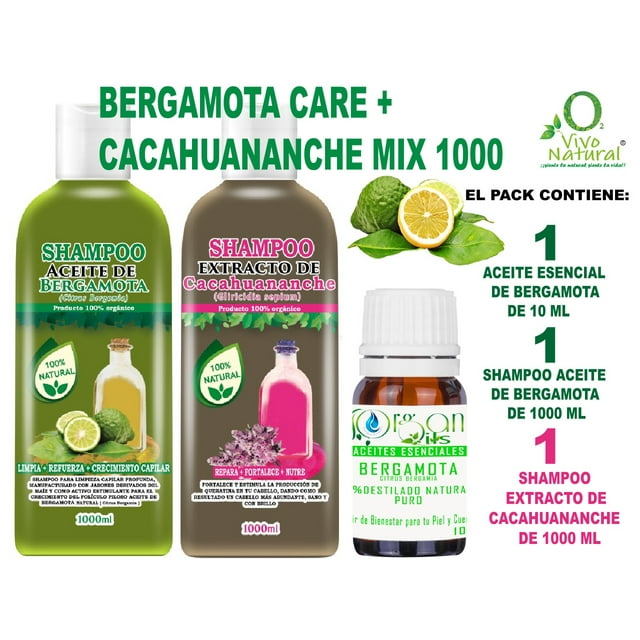 Bergamota Care + Cacahuananche Mix 1000 VIVONATURAL. Shampoo Aceite de Bergamota 1000 ml + Shampoo Extracto de Cacahuananche 1000 ml + Aceite Esencial de Bergamota 10 ml