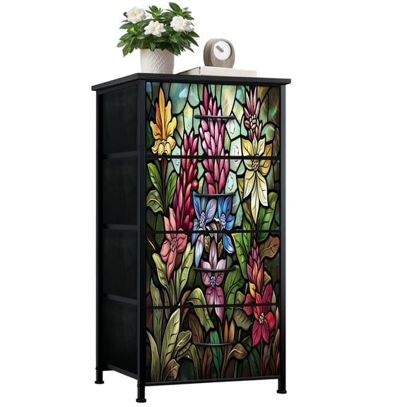 Stained Glass Style Dresser for Bedroom with 4 Storage Drawers Decorative Flower Vine Dressers Chest of Drawers Steel Framed Fabric Closet Organizers for Nursery Entryway Housewarming Gift