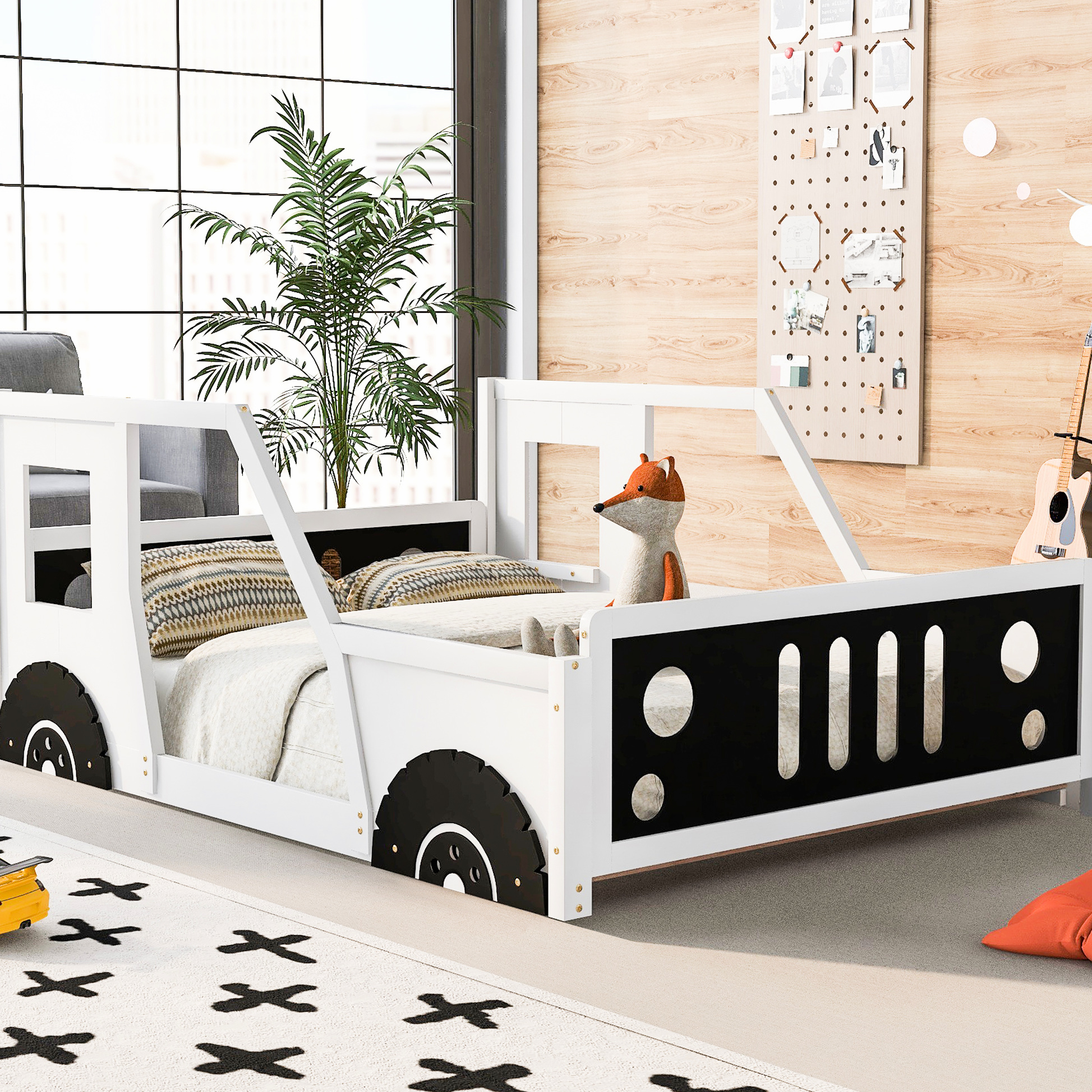 Full Size Car-shaped Platform Bed In White - Constructed With Pine Wood And For Long-term Use Classic Car Wheels, Construction