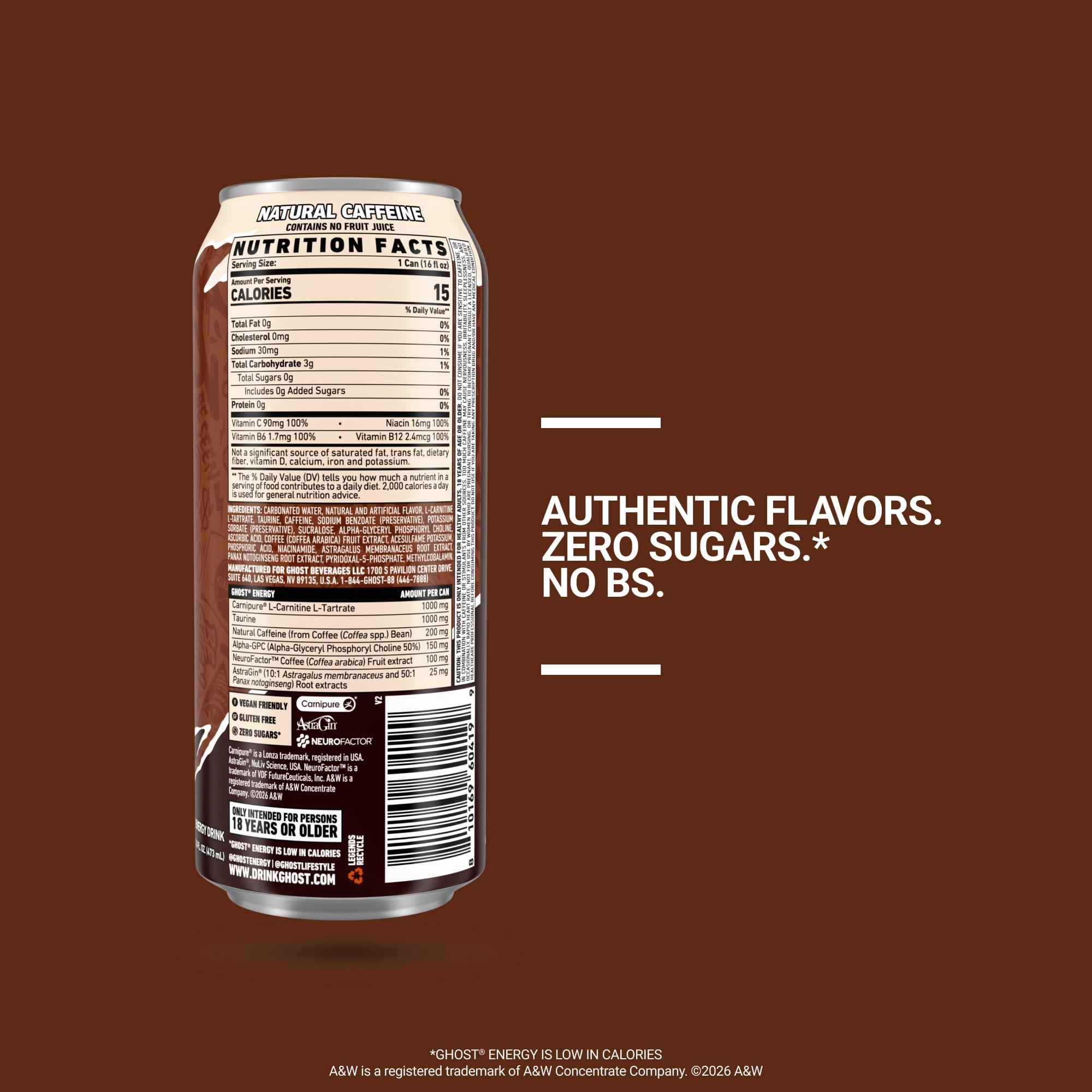 GHOST® ENERGY Zero Sugar Energy Drink, A&W Root Beer, 200mg Natural Caffeine, 16 fl oz Single Can