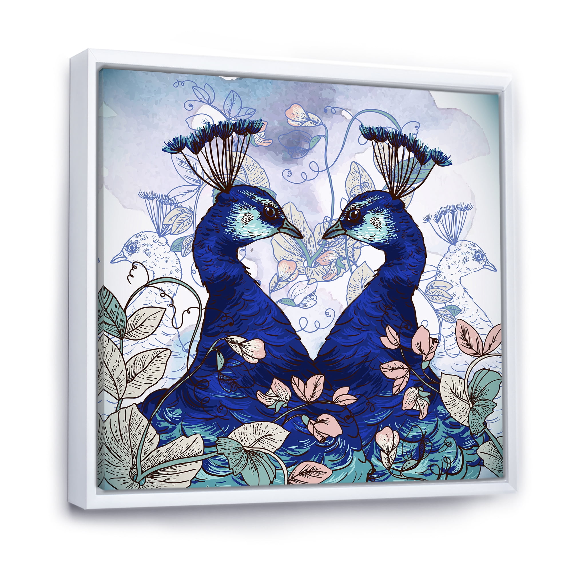 Designart 'Wildflowers With Two Blue Peacocks' Traditional Framed Canvas Wall Art Print