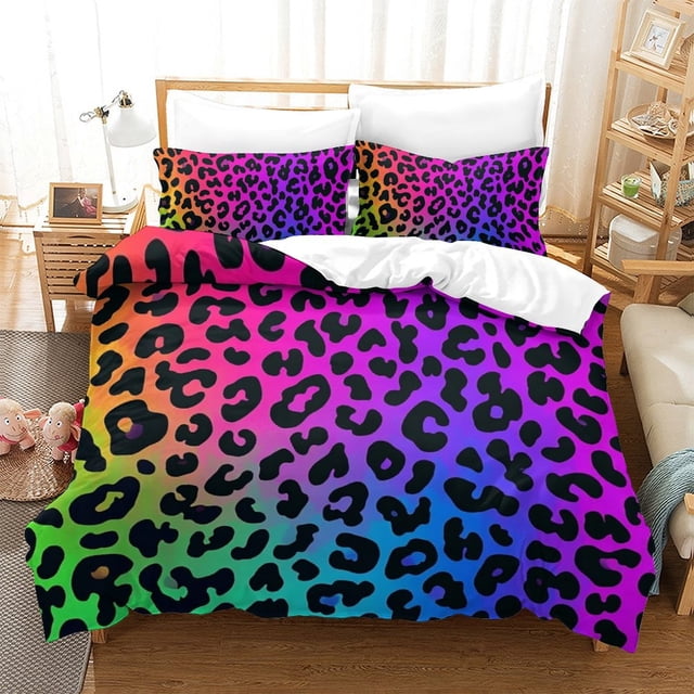Colorful Leopard Print Duvet Cover Set Teen Adult Modern Bedding Set Bedroom Decor,Queen (90"x90")