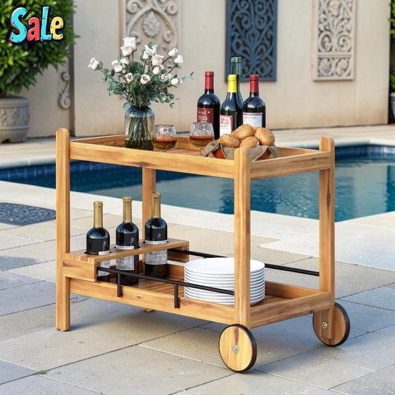 GZXS 2-Tier Acacia Wood Bar Cart, Rustic Farmhouse Rolling Serving Cart with Slat Design & Wine Bottle Holder, for Patio, Indoor/Outdoor Entertaining, Teak