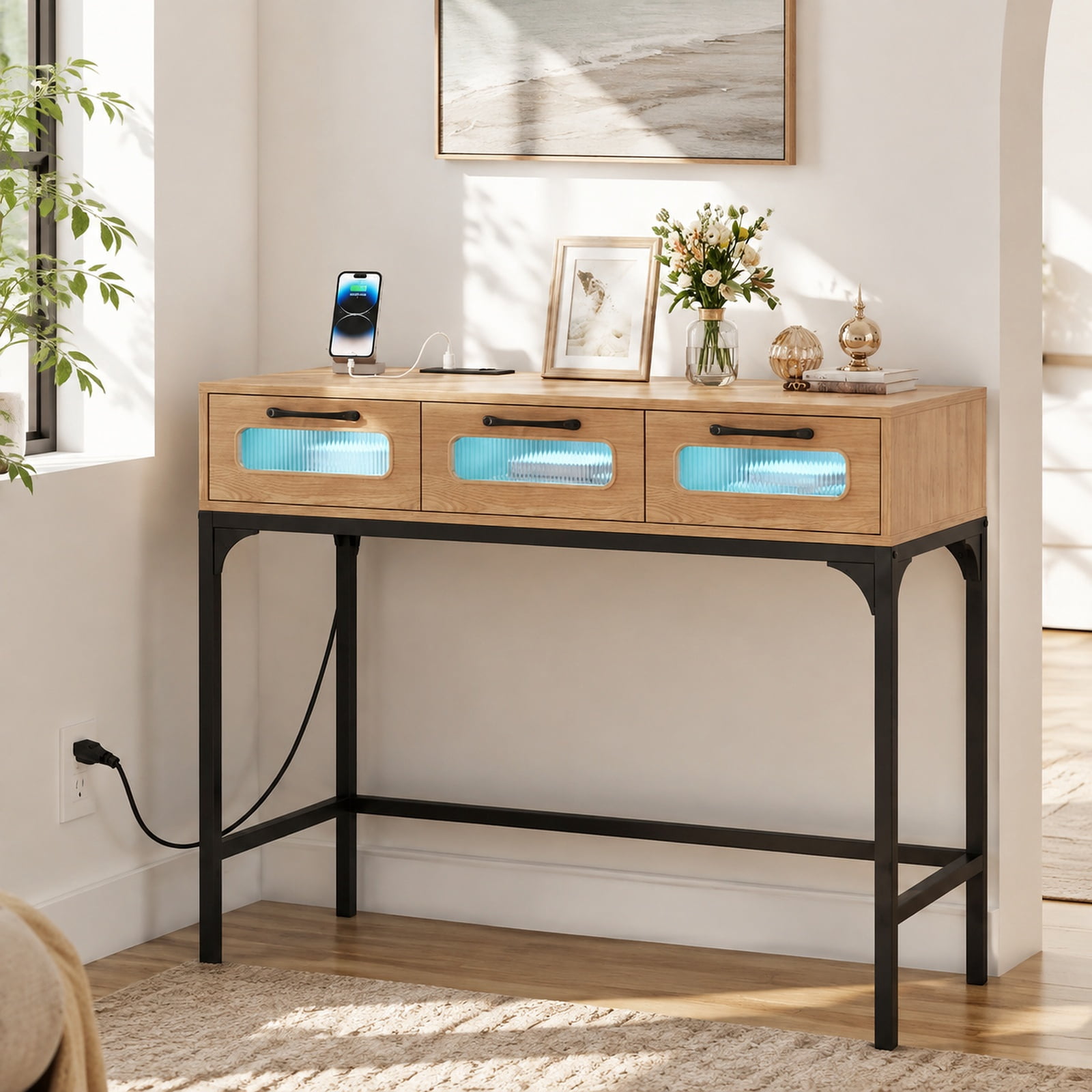 Furnibear Console Table with LED Lighting and Charging Station Entryway Table with Drawers for Living Room Hallway Sofa, Natural