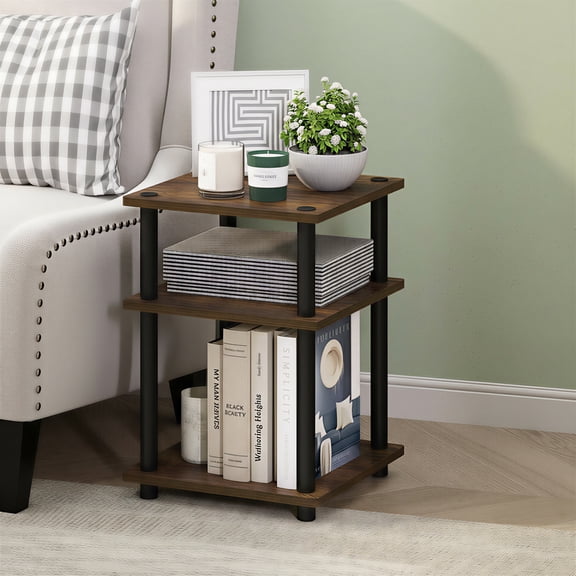 Furinno Turn-N-Tube Toolless Assembly Side Table, Rustic Brown 3-Tier End Table, Night Stand, Bedside Table for Living Room, Bedroom, Home Office, Amber Oak/Black