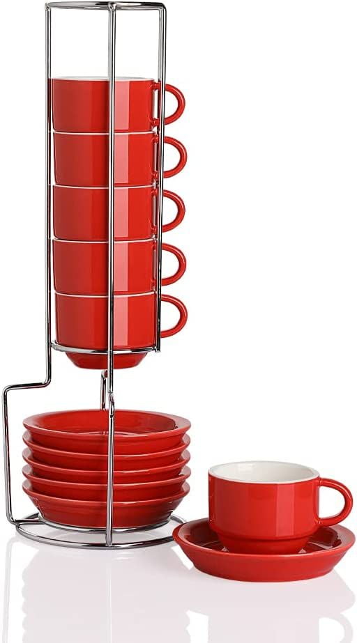 SWEEJAR Porcelain Espresso Cup & Saucer Set,with Metal Stand,2.5 OZ,Set of  6,Red 