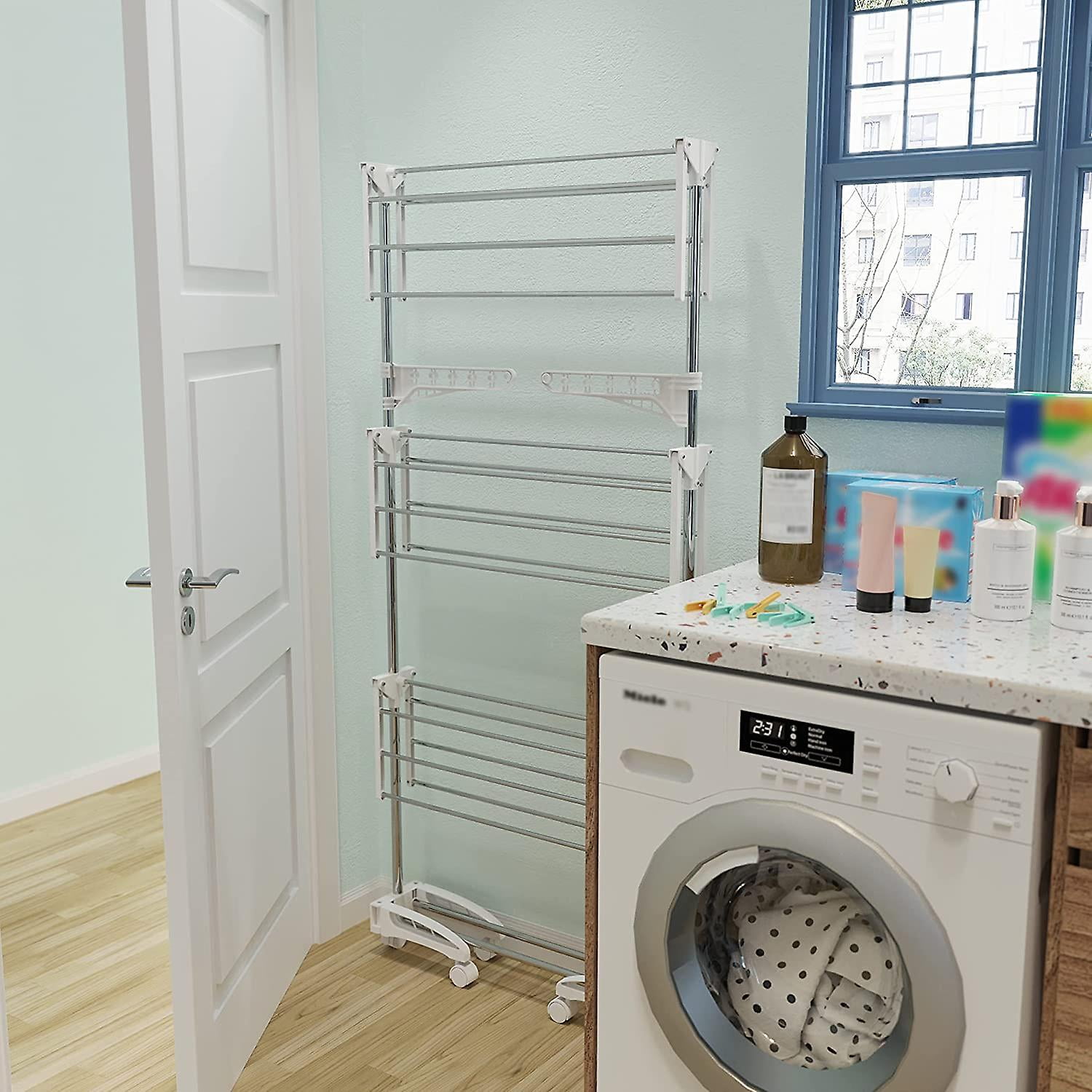 Hyfive clothes airer drying rack extra large 3 tier clothes drying rail stainless steel folds flat for easy storage