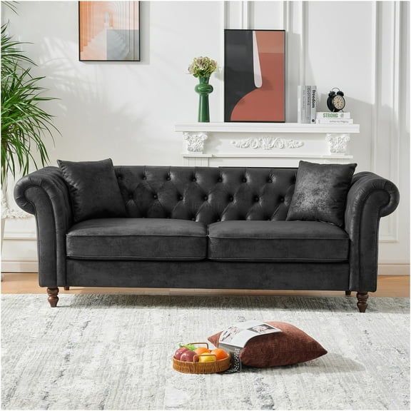 JERFIT 3-Seater Chesterfield Sofa with Rolled Arms, Modern Upholstered Couch in Stain-Resistant Leathaire Fabric for Living Room, Office, Apartment, Black