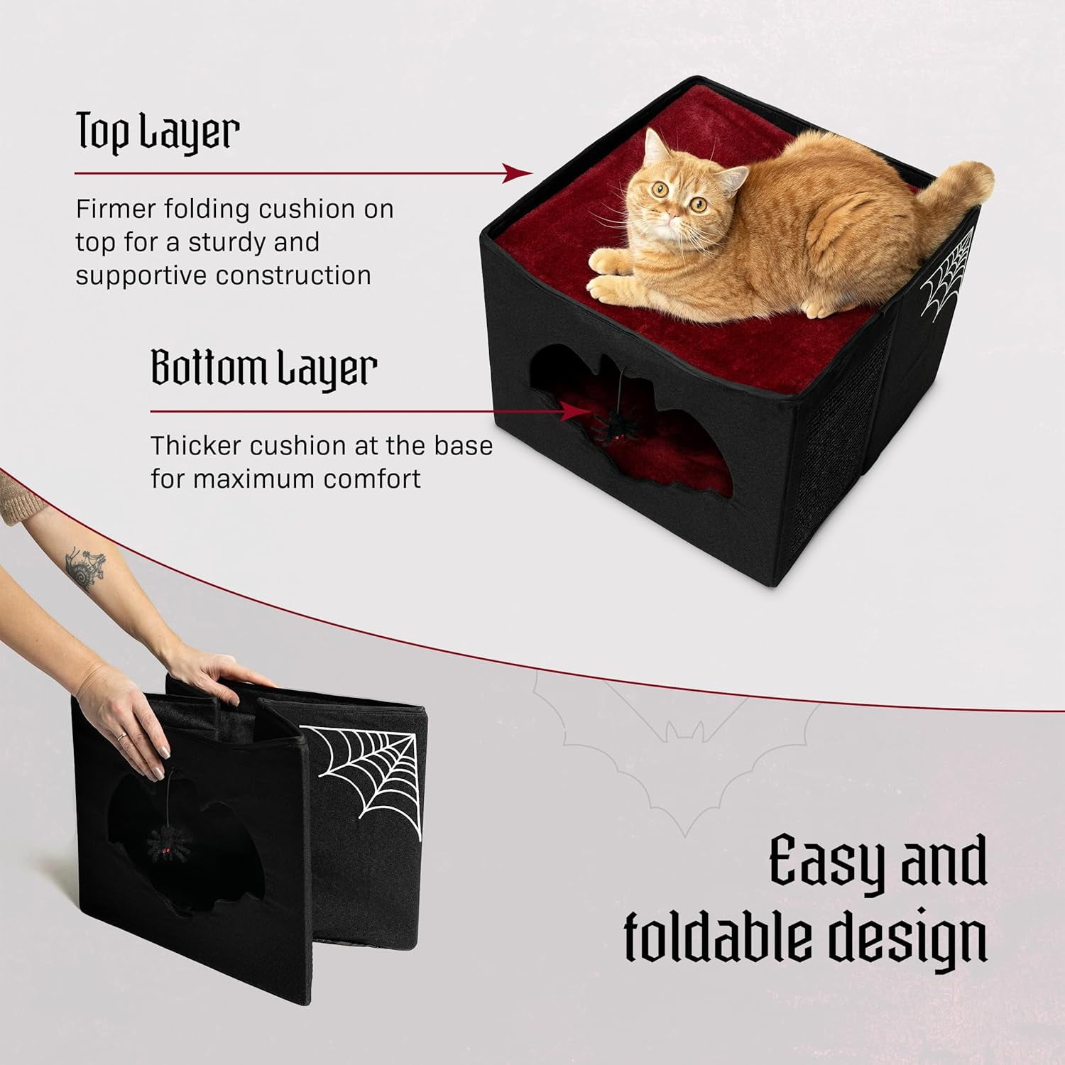 Gothic Cat Bed for Indoor Cats or Pets, Foldable Cat Halloween House 17x17x12.8, Includes Bat-Shaped Entry, Spider Toy, Scratch Pad, and Soft Cushion for Goth Cat, Black and Purple Gothic Cat House