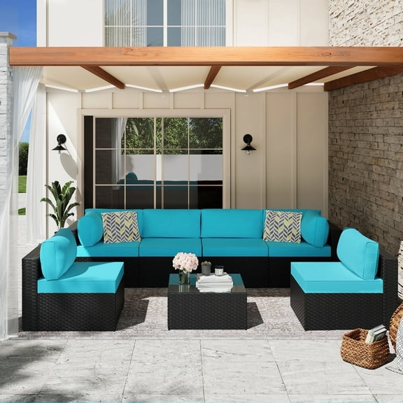 Walsunny 7 Piece Outdoor Patio Conversation Set, Rattan Sectional Sofa Set, All-Weather Outdoor Modern Sectional Furniture Wicker Couch with Glass Coffee Table, for Patio Deck Garden Pool,Blue