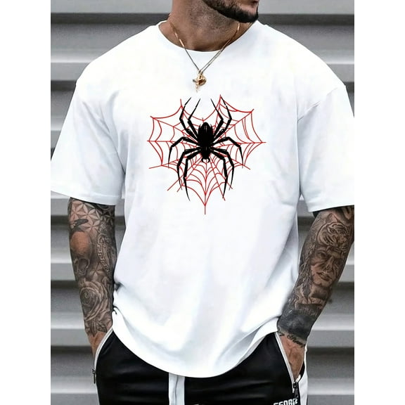 [Bold Design] Men's Casual 100% Cotton T-Shirt with Spider Web Graphic - White, Machine Washable, Round Neck, Short Sleeve, T-Shirt Stylish, PLUS SIZE