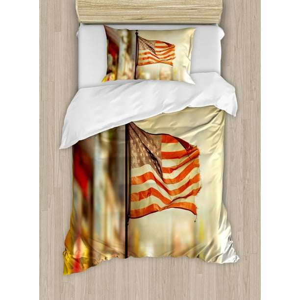 United States Twin Size Duvet Cover Set, American Flag Waving in City