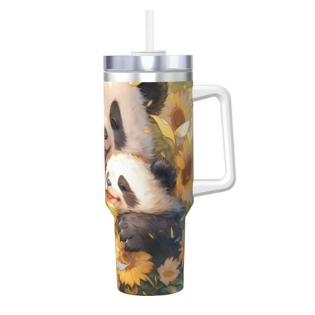 

Zeuib Cute Panda Sunflower Printed Insulated Stainless Steel Hot/Cold Coffee Cup 40oz Ice Bully With Handle Tumbler with Straw and Handle Insulated Water Bottle Travel Mug Cup