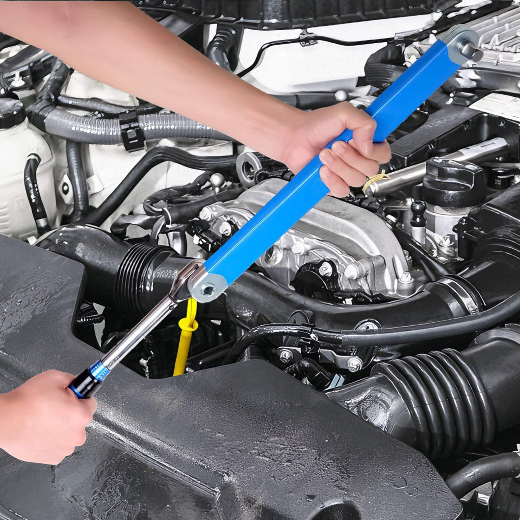 1 Pack Offset Wrench Extension Tool Set with 1/4", 3/8" & 1/2" Drive Adapters, 15 Inch Breaker Bar Extension, High Carbon Steel Torque Wrench Extender for Tight Spaces, Automotive Repair Hand Tool
