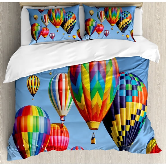 Balloon Duvet Cover Set Queen Size, Colorful Air Balloons in the Sky Air Travel Aviation Themed Photograph Touristic, Decorative 3 Piece Bedding Set with 2 Pillow Shams, Multicolor, by Ambesonne