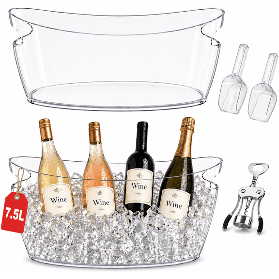 Induslyfe 7.5L Ice Bucket Set for Parties, 2 Clear Beverage Tubs with Ice Scoops and Bottle Opener, Plastic Drink Cooler for Beer Wine Champagne